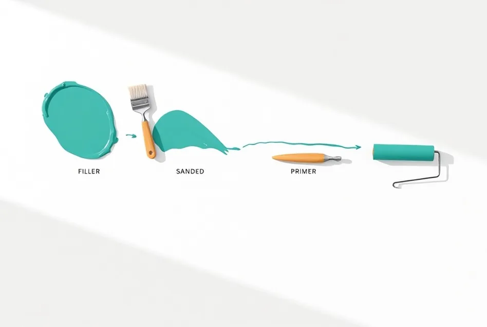 Outils de peinture disposés dans l'ordre des étapes du chantier