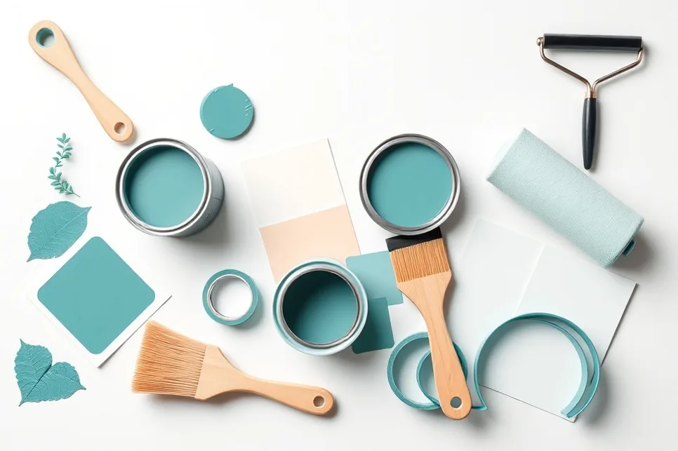 Pots de peinture, nuancier, brosses et rouleaux disposés à plat