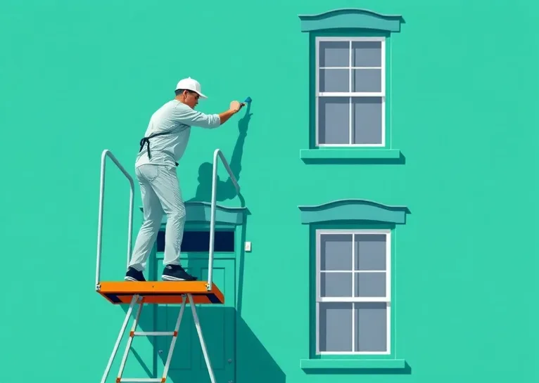 Peintre sur échafaudage traitant la façade d'une maison
