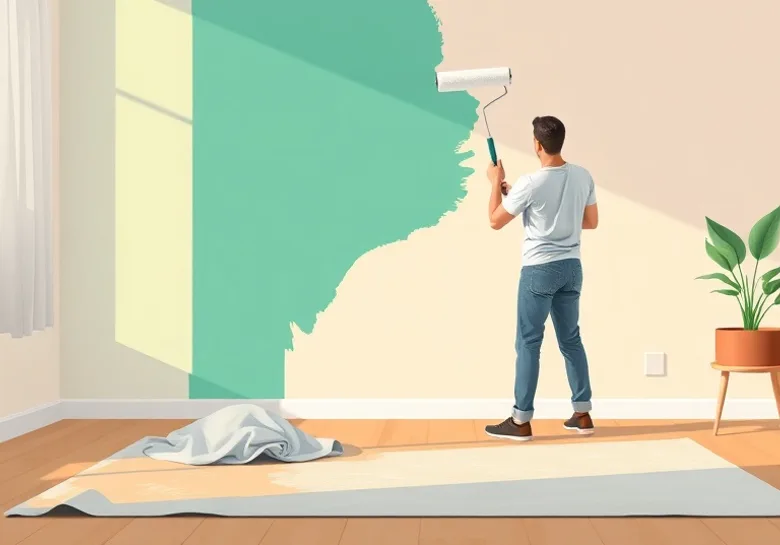 Peintre appliquant la peinture au rouleau sur un mur de salon